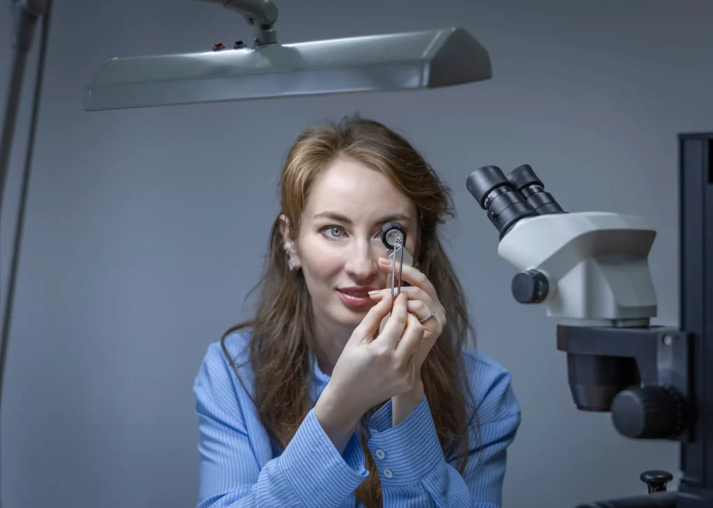 Gemmologist examining a diamond in the HRD laboratory